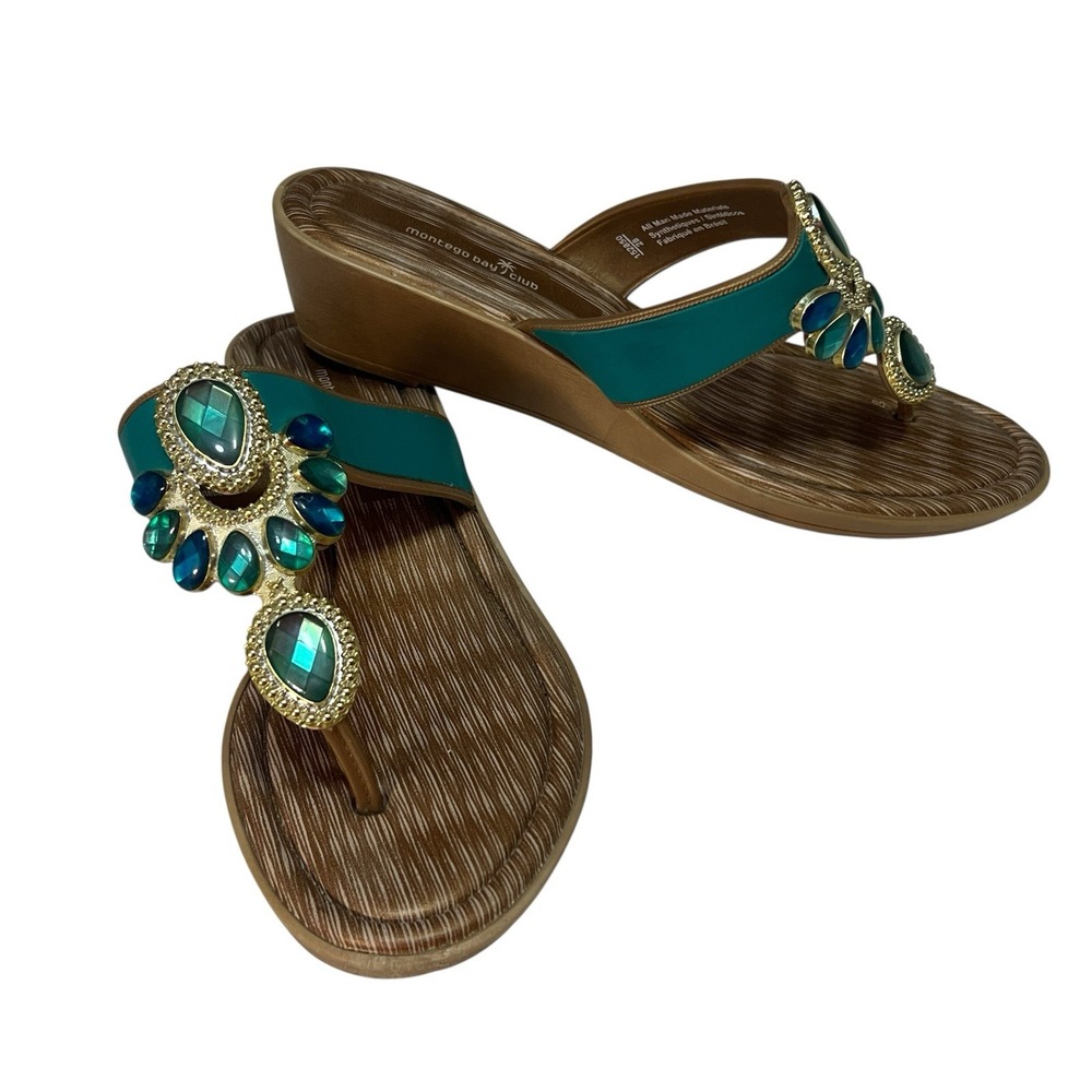 Montego Bay Club Wedge Sandals Size 8 Faux Green Gemstones‎ Preppy Casual Beach